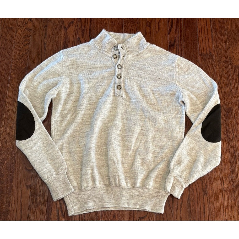 F.M. ALLEN 1/4 Button Pullover Men's Small Elbow Patches Alpaca‎ Blend Beige